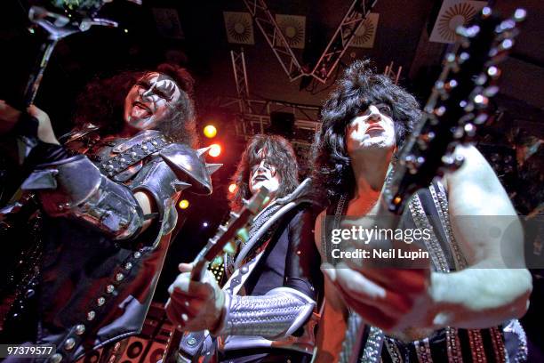 Gene Simmons, Tommy Thayer, Paul Stanley of Kiss performs on stage at O2 Islington Academy on March 2, 2010 in London, England.