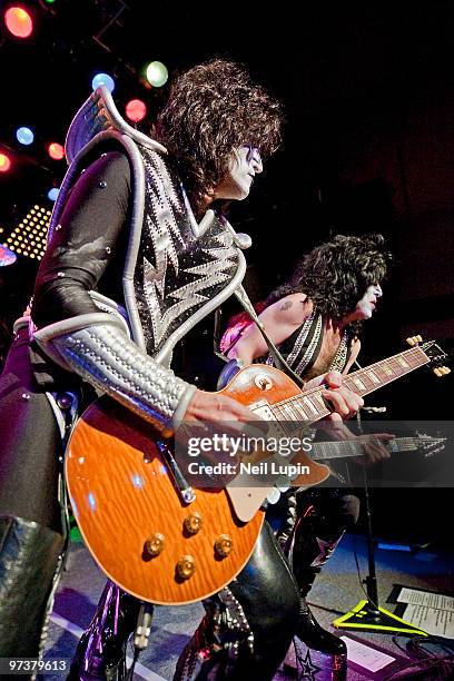 Tommy Thayer and Paul Stanley of Kiss perform on stage at O2 Islington Academy on March 2, 2010 in London, England.