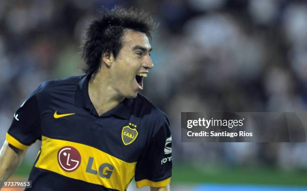 Nicolas Gaitan of Boca Juniors celebrates his scored goal during their soccer match against Velez Sarsfield as part of Primera A Argentine soccer...