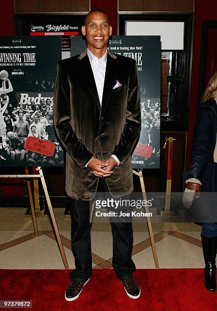 Athlete Reggie Miller attends the premiere of "Winning Time: Reggie Miller vs. The New York Knicks" at the Ziegfeld Theatre on March 2, 2010 in New...