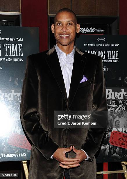 Former NBA player Reggie Miller attends the premiere of "Winning Time: Reggie Miller vs. The New York Knicks" at the Ziegfeld Theatre on March 2,...