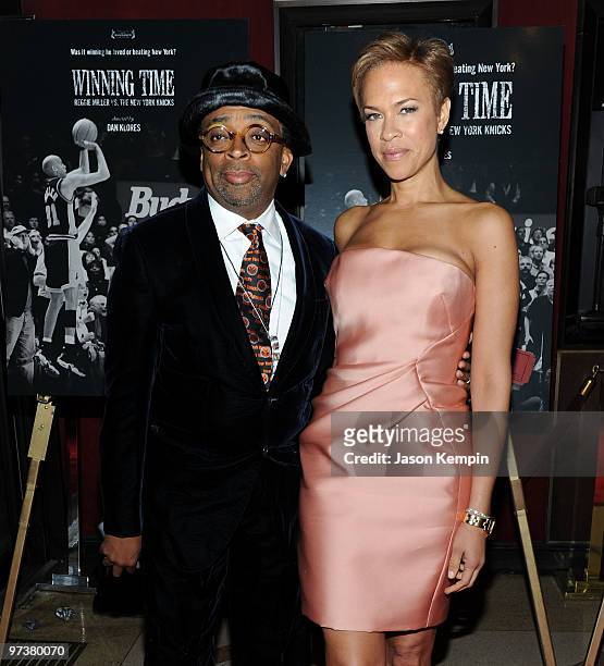 Director Spike Lee and wife Tonya Lewis Lee attend the premiere of "Winning Time: Reggie Miller vs. The New York Knicks" at the Ziegfeld Theatre on...