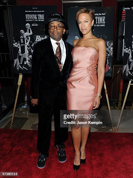 Director Spike Lee and wife Tonya Lewis Lee attend the premiere of "Winning Time: Reggie Miller vs. The New York Knicks" at the Ziegfeld Theatre on...