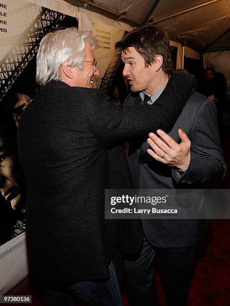 Actors Richard Gere and Ethan Hawke attend the premiere of Overture Films" "Brooklyn's Finest at Empire Hotel Rooftop on March 2, 2010 in New York...