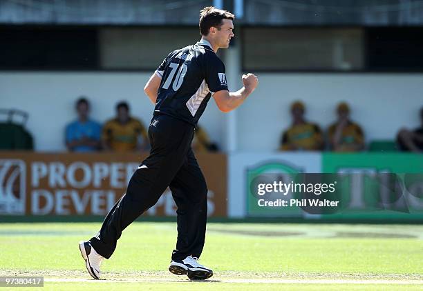 James Franklin of New Zealand celebrates his wicket of Ricky Ponting of Australia during the First One Day International match between New Zealand...