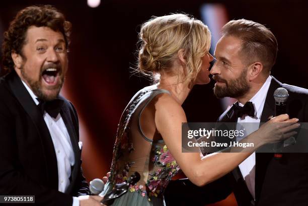 Michael Ball, presenter Charlotte Hawkins and Alfie Boe on stage during the 2018 Classic BRIT Awards held at Royal Albert Hall on June 13, 2018 in...