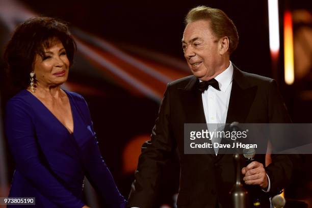Dame Shirley Bassey and winner of the Special Recognition Award, Sir Andrew Lloyd Webber on stage during the 2018 Classic BRIT Awards held at Royal...