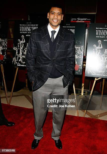 Athlete Allen Huston attends the premiere of "Winning Time: Reggie Miller vs. The New York Knicks" at the Ziegfeld Theatre on March 2, 2010 in New...