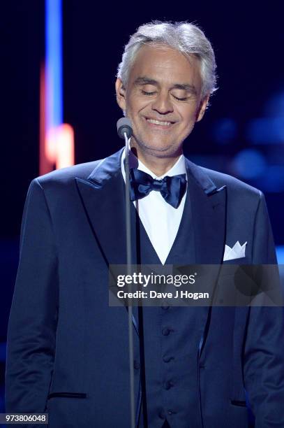 Winner of the Classic BRITs Icon award, Andrea Bocelli on stage during the 2018 Classic BRIT Awards held at Royal Albert Hall on June 13, 2018 in...