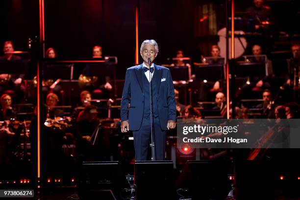 Winner of the Classic BRITs Icon award, Andrea Bocelli performs on stage during the 2018 Classic BRIT Awards held at Royal Albert Hall on June 13,...