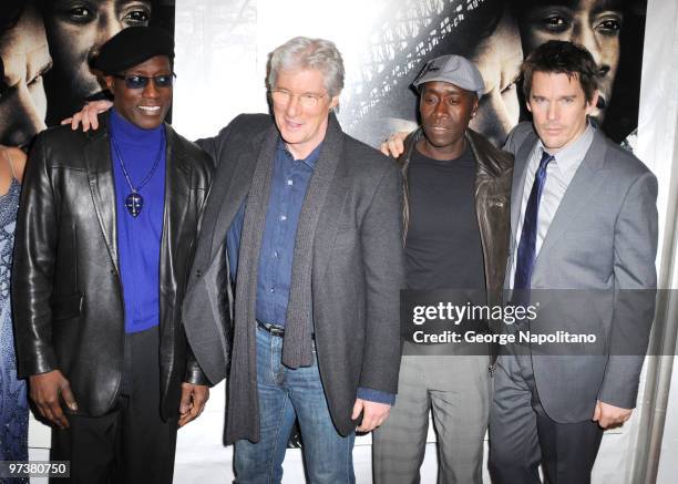 Actors Wesley Snipes, Richard Gere, Don Cheadle and Ethan Hawke attend the premiere of "Brooklyn's Finest" at AMC Loews Lincoln Square 13 theater on...