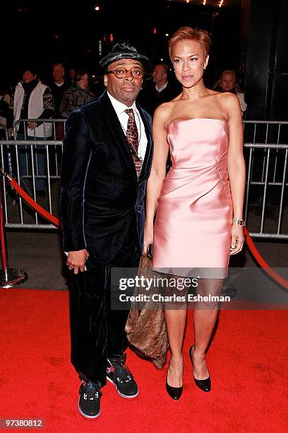 Director Spike Lee and wife, Tonya Lewis Lee attend the premiere of "Winning Time: Reggie Miller vs. The New York Knicks" at the Ziegfeld Theatre on...