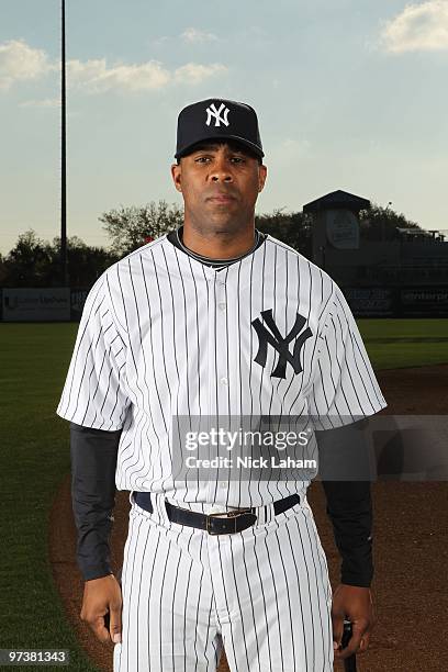 Marcus Thames of the New York Yankees poses for a photo during Spring Training Media Photo Day at George M. Steinbrenner Field on February 25, 2010...