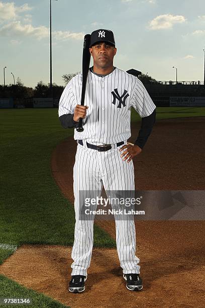 Marcus Thames of the New York Yankees poses for a photo during Spring Training Media Photo Day at George M. Steinbrenner Field on February 25, 2010...
