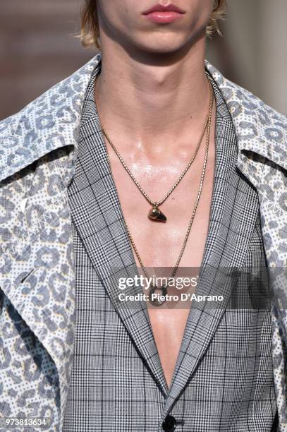 Model, fashion detail, walks the runway at the Roberto Cavalli show during the 94th Pitti Immagine Uomo on June 13, 2018 in Florence, Italy.