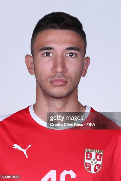 Marko Grujic of Serbia poses for a portrait during the official FIFA World Cup 2018 portrait session at the Team Hotel on June 12, 2018 in...