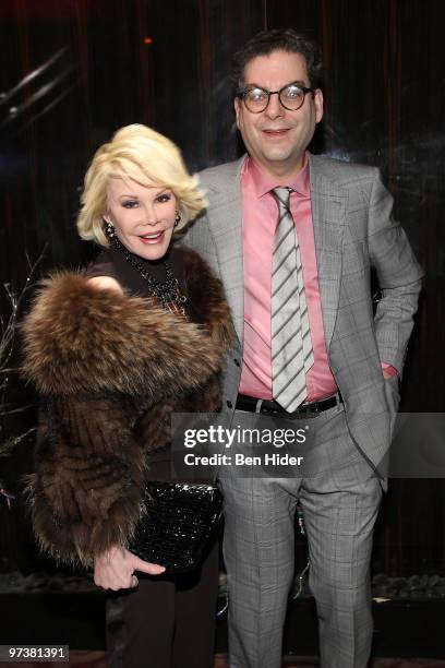 Comedian Joan Rivers and Journalist Michael Musto attend Michael Musto's 25th Anniversary At "The Village Voice" celebration at 230 Fifth Avenue on...