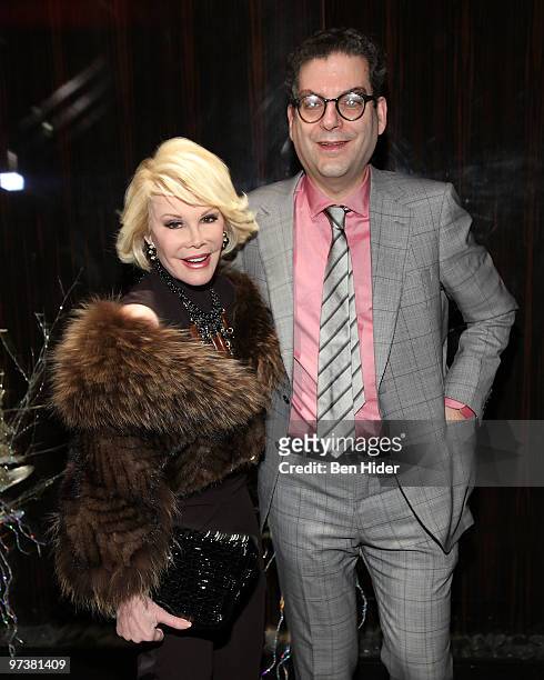 Comedian Joan Rivers and Journalist Michael Musto attend Michael Musto's 25th Anniversary At "The Village Voice" celebration at 230 Fifth Avenue on...