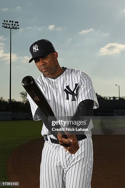 Marcus Thames of the New York Yankees poses for a photo during Spring Training Media Photo Day at George M. Steinbrenner Field on February 25, 2010...