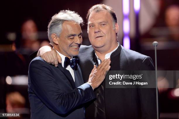 Andrea Bocelli and Sir Bryn Terfel perform on stage during the 2018 Classic BRIT Awards held at Royal Albert Hall on June 13, 2018 in London, England.