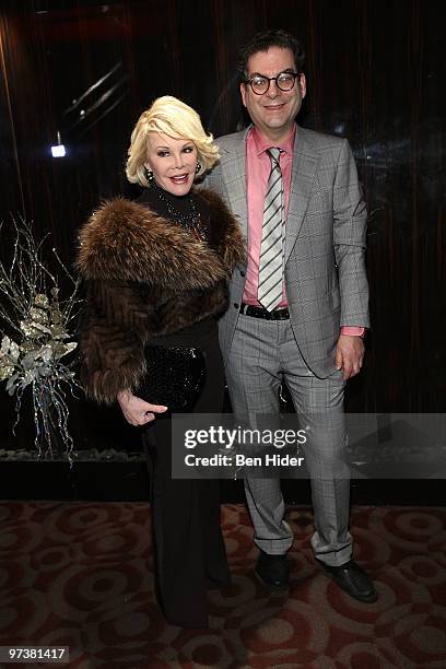 Comedian Joan Rivers and Journalist Michael Musto attend Michael Musto's 25th Anniversary At "The Village Voice" celebration at 230 Fifth Avenue on...