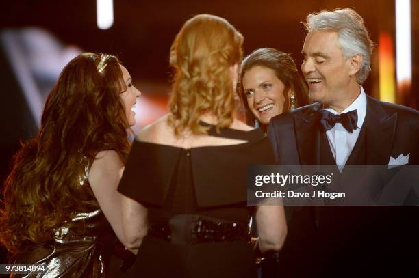 Sarah Brightman, Sarah, Duchess of York, Veronica Berti and Andrea Bocelli on stage during the 2018 Classic BRIT Awards held at Royal Albert Hall on...