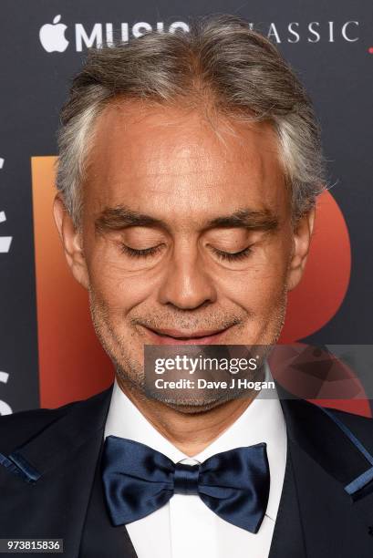 Andrea Bocelli, winner of the Classic BRITs Icon award poses in the winners room during the 2018 Classic BRIT Awards held at Royal Albert Hall on...