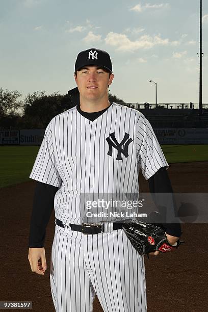 Phil Hughes of the New York Yankees poses for a photo during Spring Training Media Photo Day at George M. Steinbrenner Field on February 25, 2010 in...