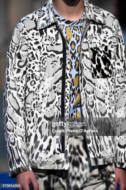 Model, fashion detail, walks the runway at the Roberto Cavalli show during the 94th Pitti Immagine Uomo on June 13, 2018 in Florence, Italy.