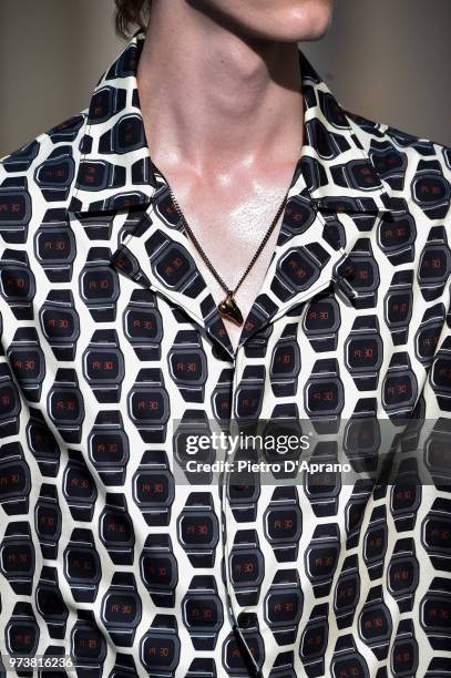 Model, fashion detail, walks the runway at the Roberto Cavalli show during the 94th Pitti Immagine Uomo on June 13, 2018 in Florence, Italy.