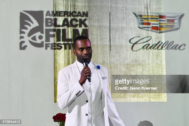 Rahsan-Rahsan Lindsay speaks on stage at Cadillac Welcome Luncheon At ABFF: Black Hollywood Now at The Temple House on June 13, 2018 in Miami Beach,...