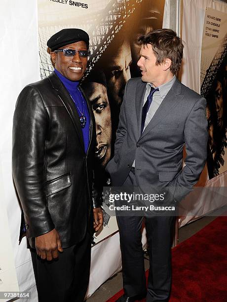 Actors Wesley Snipes and Ethan Hawke attend the premiere of Overture Films" "Brooklyn's Finest at AMC Lincoln Square Theater on March 2, 2010 in New...