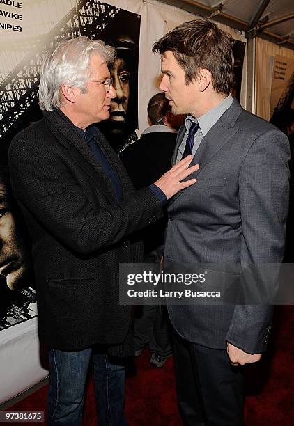 Actors Richard Gere and Ethan Hawke attend the premiere of Overture Films" "Brooklyn's Finest at Empire Hotel Rooftop on March 2, 2010 in New York...