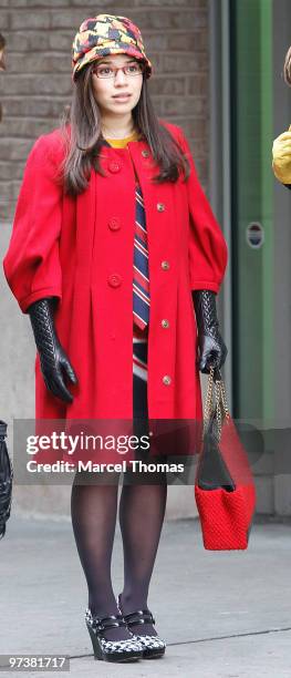 America Ferrera is seen on the set of the TV show "Ugly Betty" on location on the streets of Manhattan on March 2, 2010 in New York City.