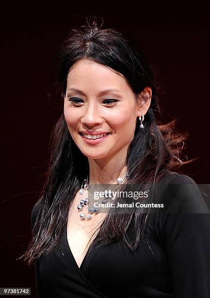 Actress Lucy Liu takes a bow following her performance as a new cast member of the broadway production of "God Of Carnage" at The Bernard B. Jacobs...