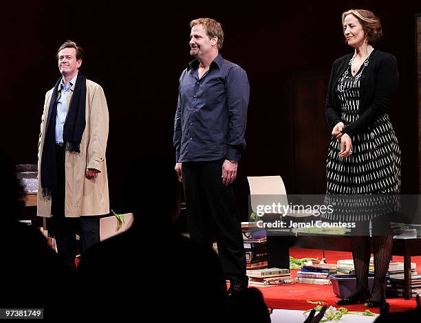 Actors Dylan Baker, Jeff Daniels and Janet McTeer take a bow following their performance as new cast members of the broadway production of "God Of...