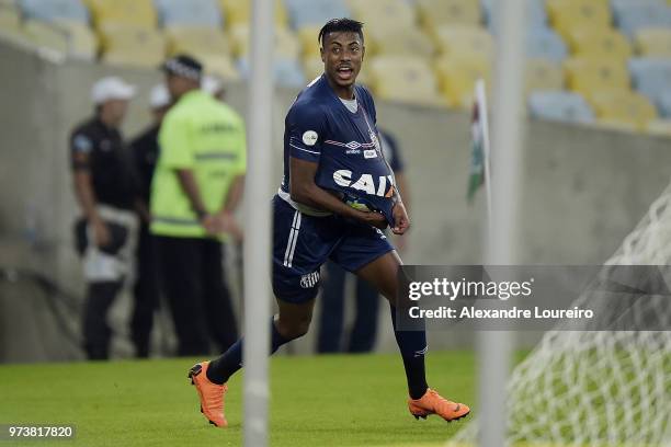 Bruno Henrique of Santos celebrates their first scored goal during the match between Fluminense and Santos as part of Brasileirao Series A 2018 at...