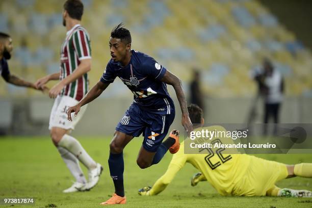 Bruno Henrique of Santos celebrates their first scored goal during the match between Fluminense and Santos as part of Brasileirao Series A 2018 at...