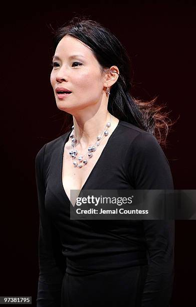 Actress Lucy Liu takes a bow following her performance as a new cast member of the broadway production of "God Of Carnage" at The Bernard B. Jacobs...