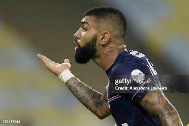 Gabriel Barbosa of Santos reacts during the match between Fluminense and Santos as part of Brasileirao Series A 2018 at Maracana Stadium on June 13,...