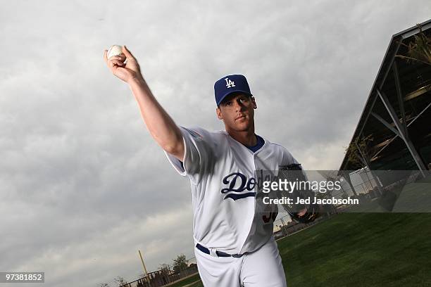 Chad Billingsley of the Los Angeles Dodgers poses during media photo day on February 27, 2010 at the Ballpark at Camelback Ranch, in Glendale,...
