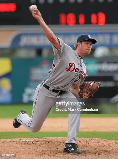 Cody Satterwhite of the Detroit Tigers pitches against Florida Southern College during a spring training game at Joker Marchant Stadium on March 2,...