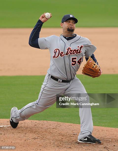 Joel Zumaya of the Detroit Tigers pitches against Florida Southern College during a spring training game at Joker Marchant Stadium on March 2, 2010...