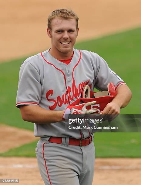 Colin Kaline of Florida Southern College looks on against the Detroit Tigers during a spring training game at Joker Marchant Stadium on March 2, 2010...