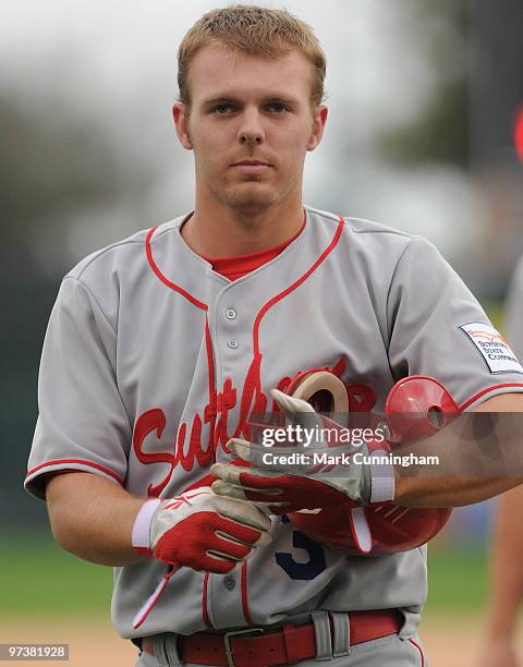 Colin Kaline of Florida Southern College looks on against the Detroit Tigers during a spring training game at Joker Marchant Stadium on March 2, 2010...