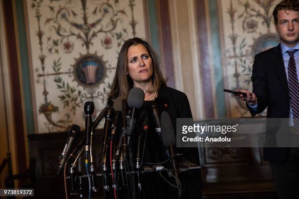 Canada's Foreign Minister Chrystia Freeland speaks during a press conference held after a meeting with United States Senate Committee on Foreign...