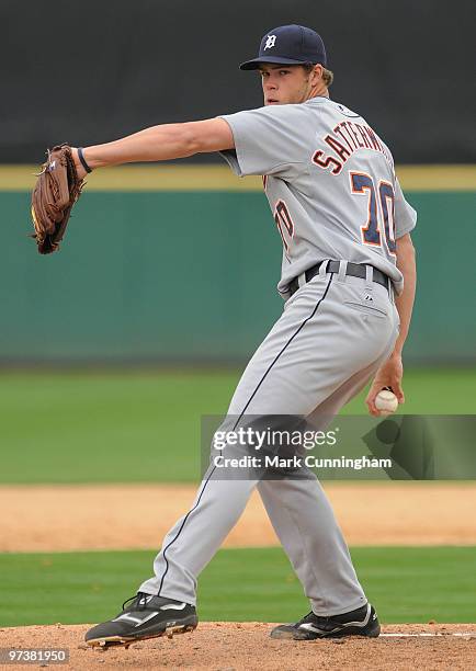 Cody Satterwhite of the Detroit Tigers pitches against Florida Southern College during a spring training game at Joker Marchant Stadium on March 2,...