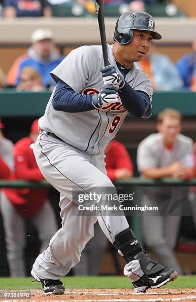 Carlos Guillen of the Detroit Tigers bats against Florida Southern College during a spring training game at Joker Marchant Stadium on March 2, 2010...