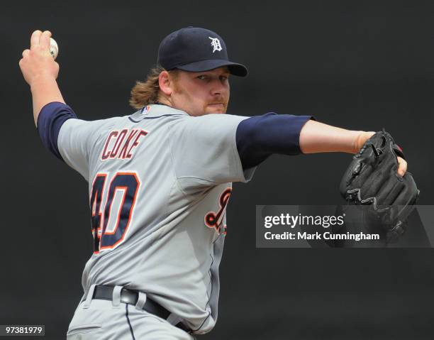 Phil Coke of the Detroit Tigers pitches against Florida Southern College during a spring training game at Joker Marchant Stadium on March 2, 2010 in...