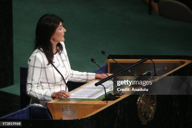 United States Ambassador to the United Nations, Nikki Haley speaks ahead of a voting session to condemn Israeli actions in Gaza, in the United...